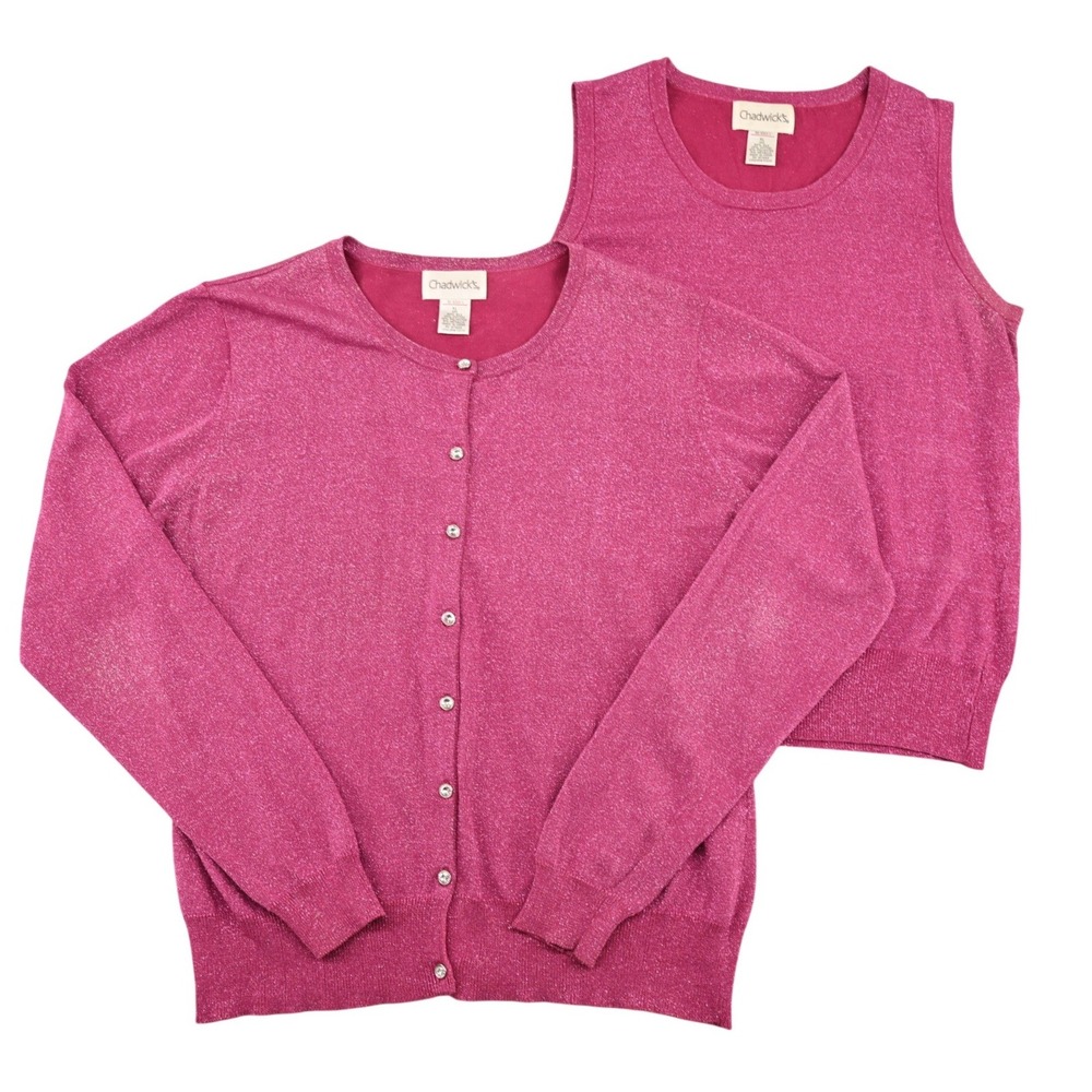 VTG 90s Chadwicks Shimmer Pink Rhinestone Twin Set Holiday Festive Barbiecore XL